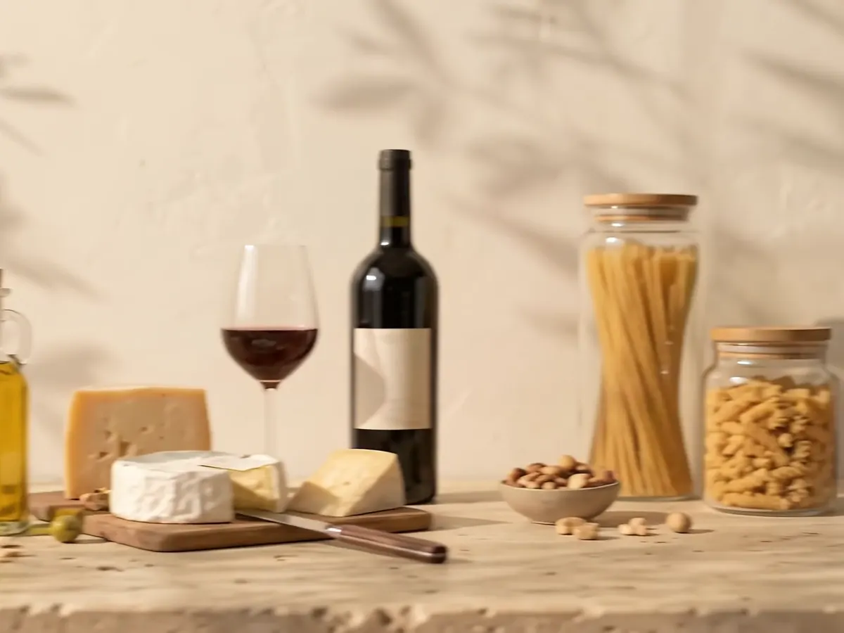 Mesa com azeite, vinho, queijos e massas do Empório Encantada